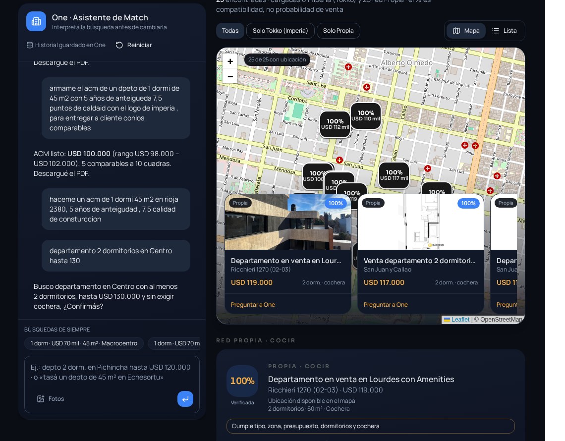 Imperia Match en funcionamiento: conversación con One, mapa con precios y tarjetas de propiedades coincidentes